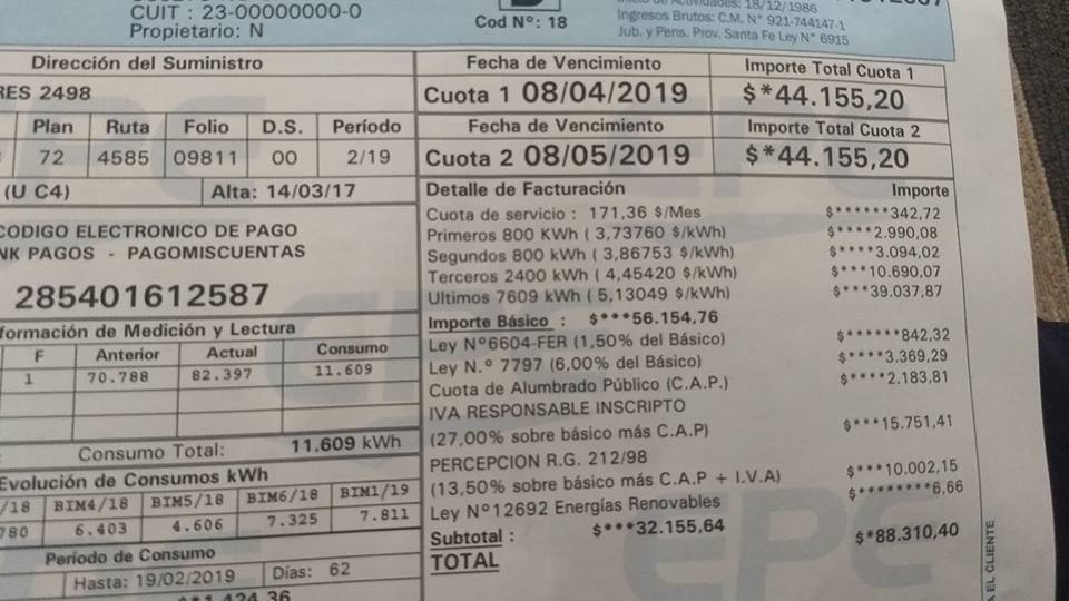 La boleta del espanto que le llegó a un vecino de la localidad.