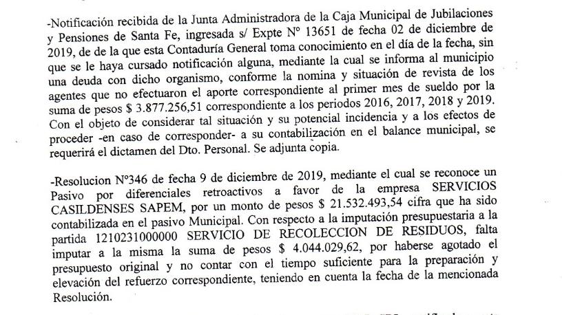 Informe recibido por el intendente Golosetti en su asunción.