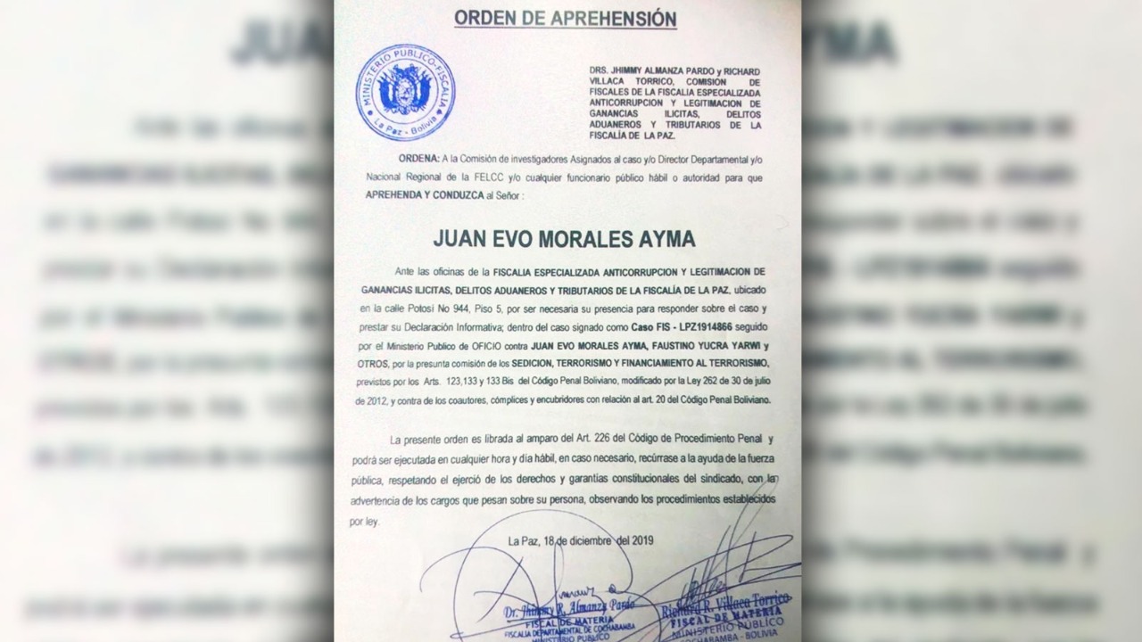 Fiscalía de Estado de Bolivia ordenó la detención de Evo Morales