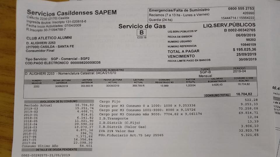 Seis cifras: preocupa el monto de la factura de gas de un club local.