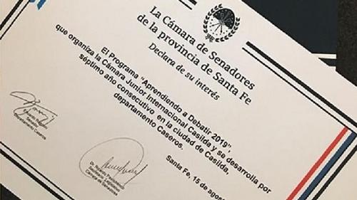 El buen accionar de los jóvenes del JCI Casilda llegó al Senado.