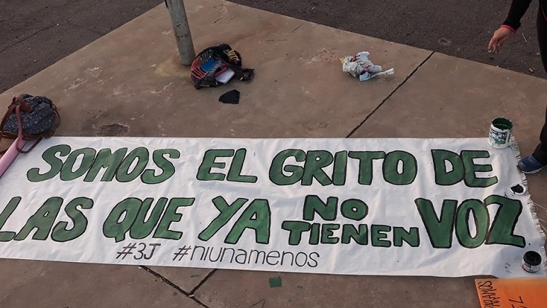 Las integrantes de la Casa de la Mujer Libre estuvieron pintando carteles.