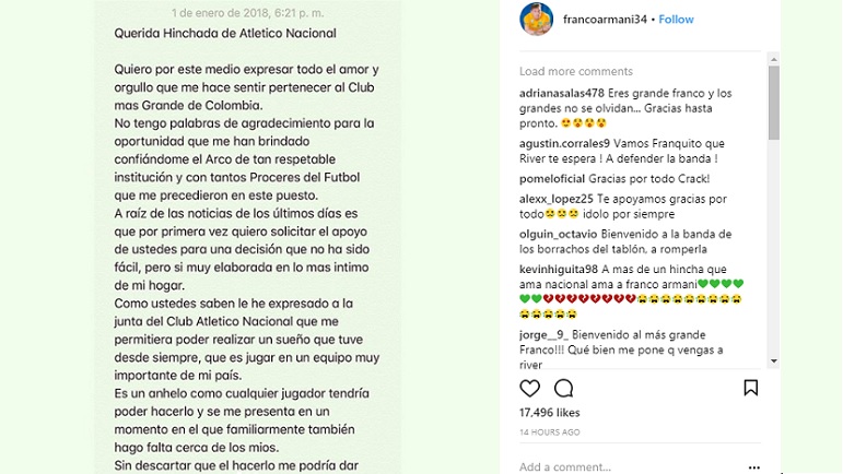 Armani publicó una carta en la que se despide de Atlético Nacional