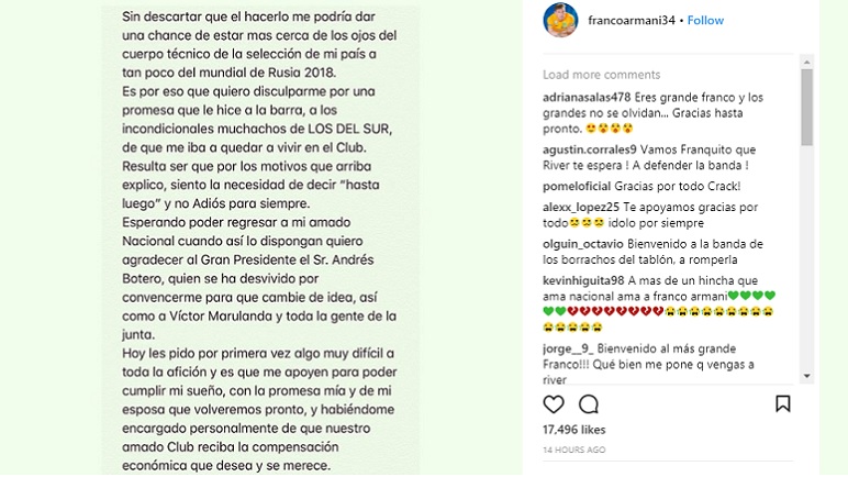 Armani publicó una carta en la que se despide de Atlético Nacional