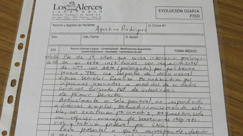 Copia del parte médico de Agustina Rodríguez emitido el miércoles en Los Alerces.