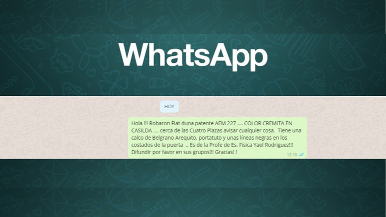 El mensaje intenta difundir datos del auto para ayudar a encontrarlo.