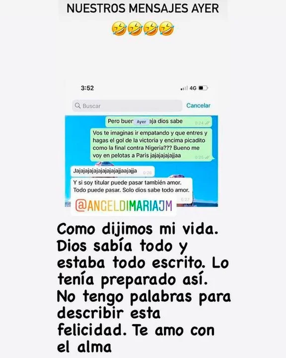 La esposa de Di María le anticipó el gol en un chat de Whatsapp