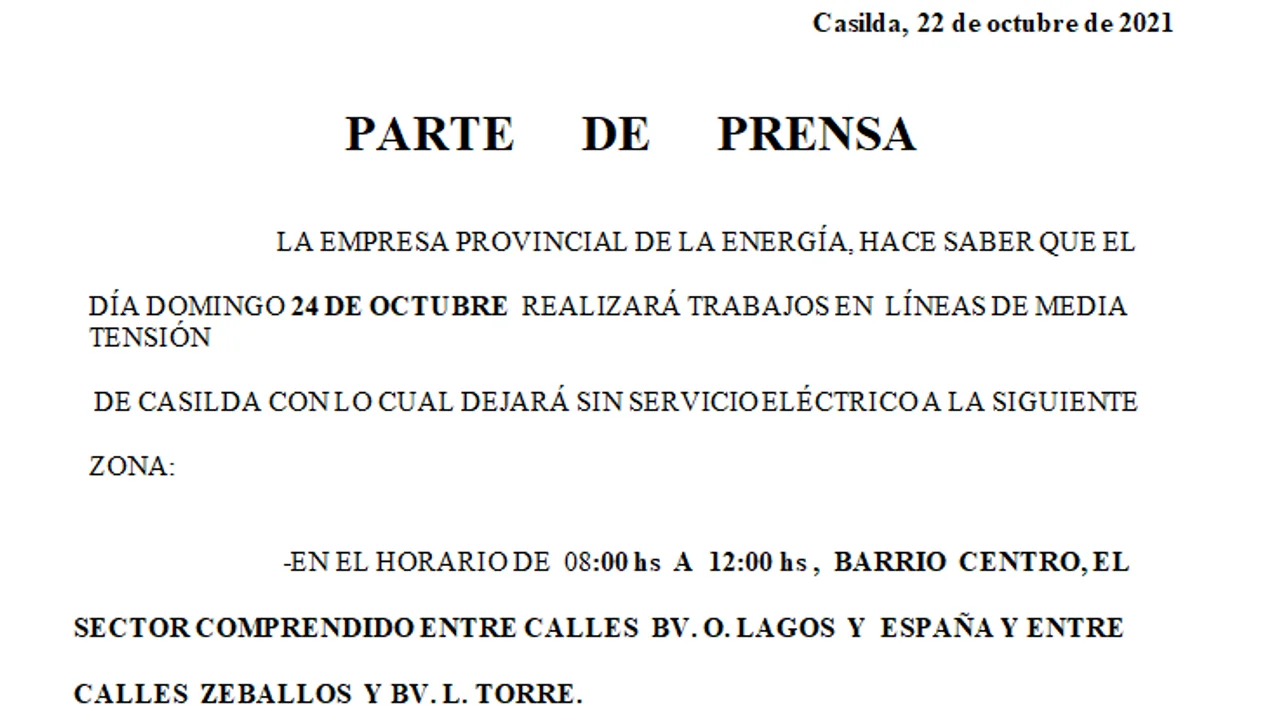 El domingo habrá cortes de energía eléctrica en Casilda