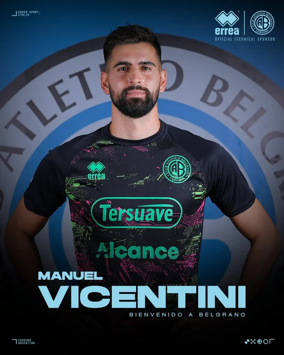 Se pone el parche. Vicentini ya posó con el buzo de Belgrano.