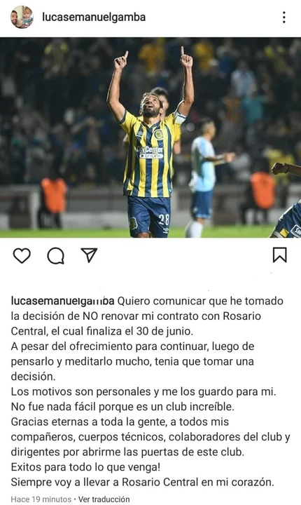 Lucas Gamba anunció que no seguirá en Central