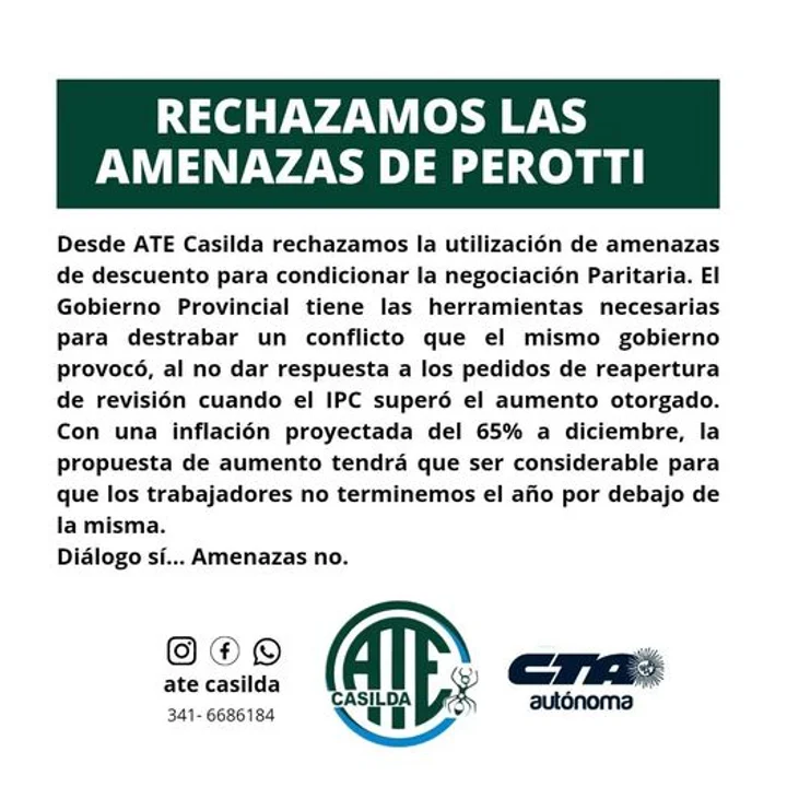 ATE rechazó "las amenazas" del gobierno santafesino