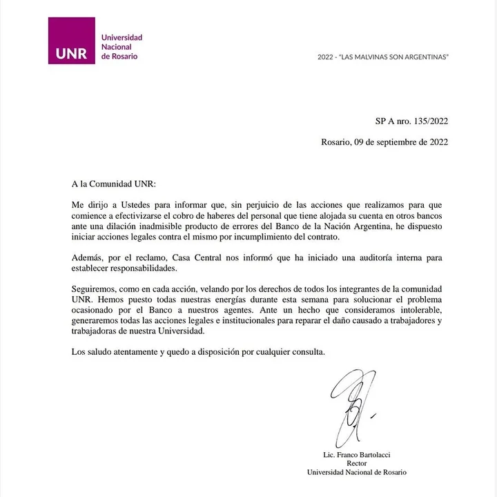La UNR inició acciones contra el Banco Nación por incumplimiento de contrato
