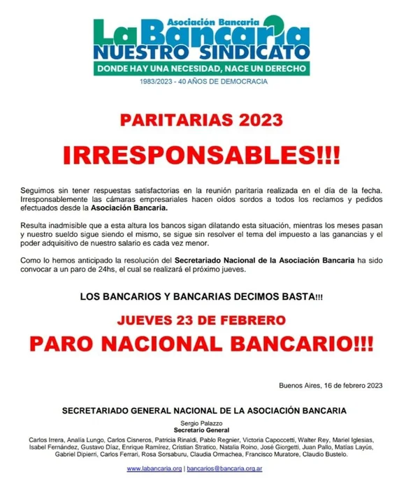 El próximo jueves habrá paro de bancos