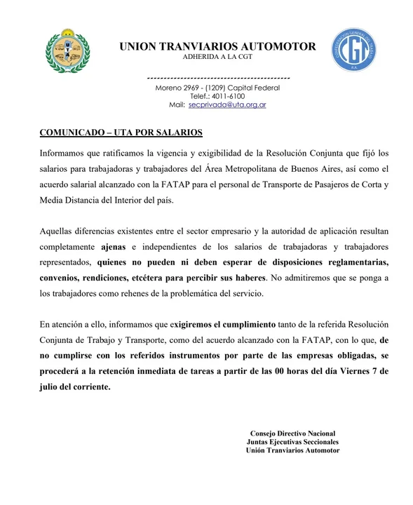 La UTA lanzó un paro que puede afectar a Rosario