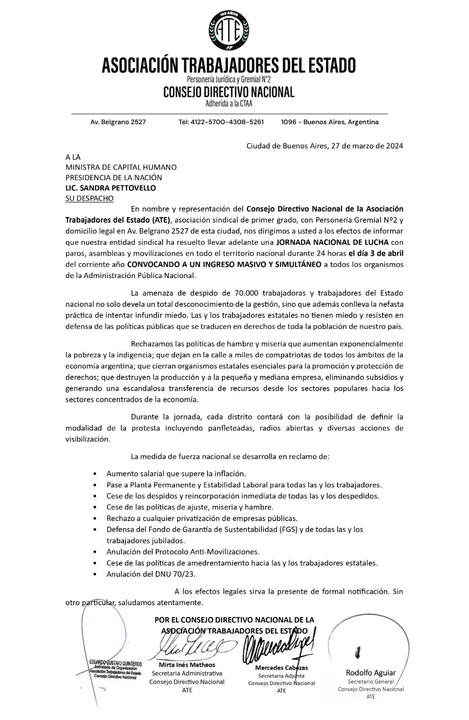 ATE denuncia más de 10.000 despidos y convoca a paro nacional