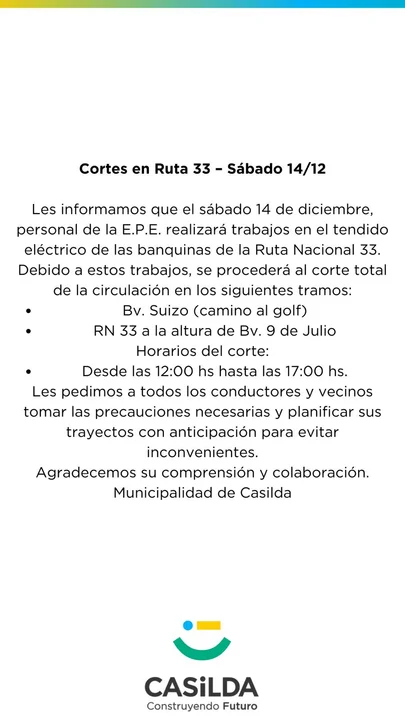 Habrá cortes del suministro de energía este sábado en horario matutino