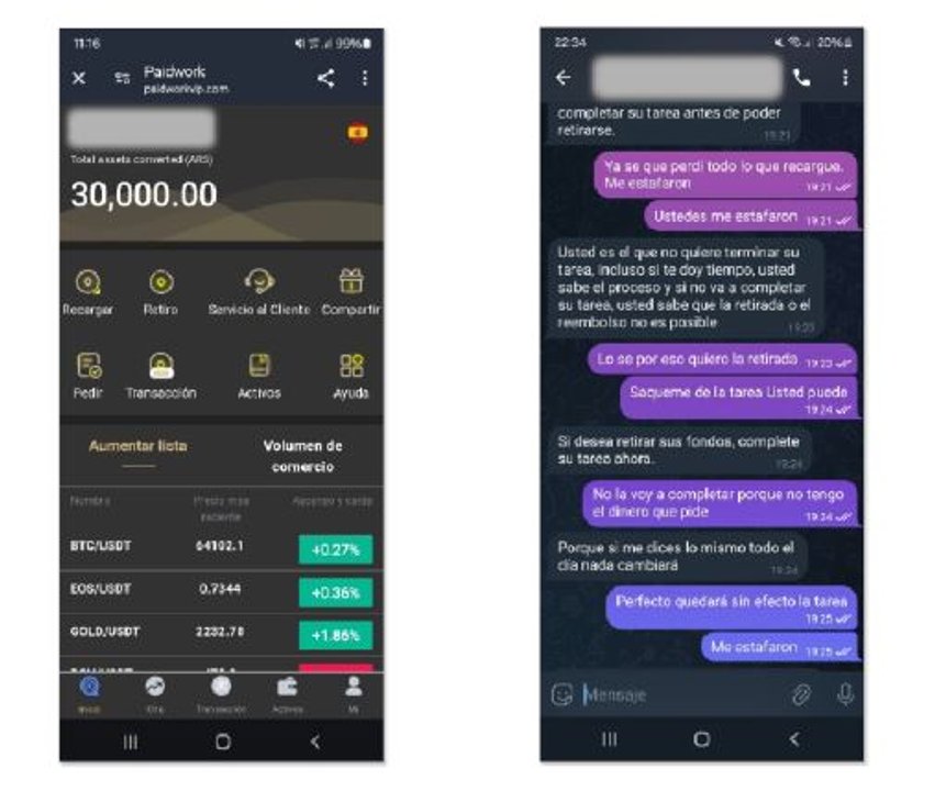 A la izquierda, la captura de pantalla de una de la plataforma Paidwork, en la que las víctimas creen invertir. El entorno parece genuino. A la derecha, las respuestas negativas ante el reclamo infructuoso por la devolución del dinero.