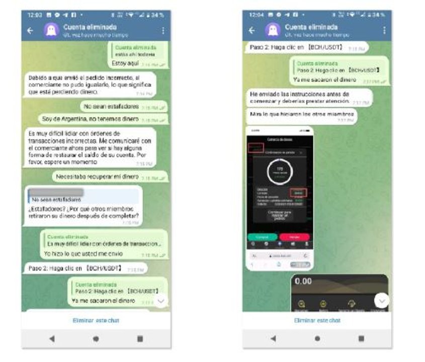 Un chat en Télegram muestra cómo los estafadores continúan la maniobra aun cuando la víctima advierte que ha sido estafada.